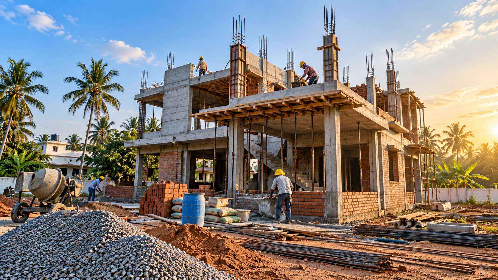 Building under construction at sunset