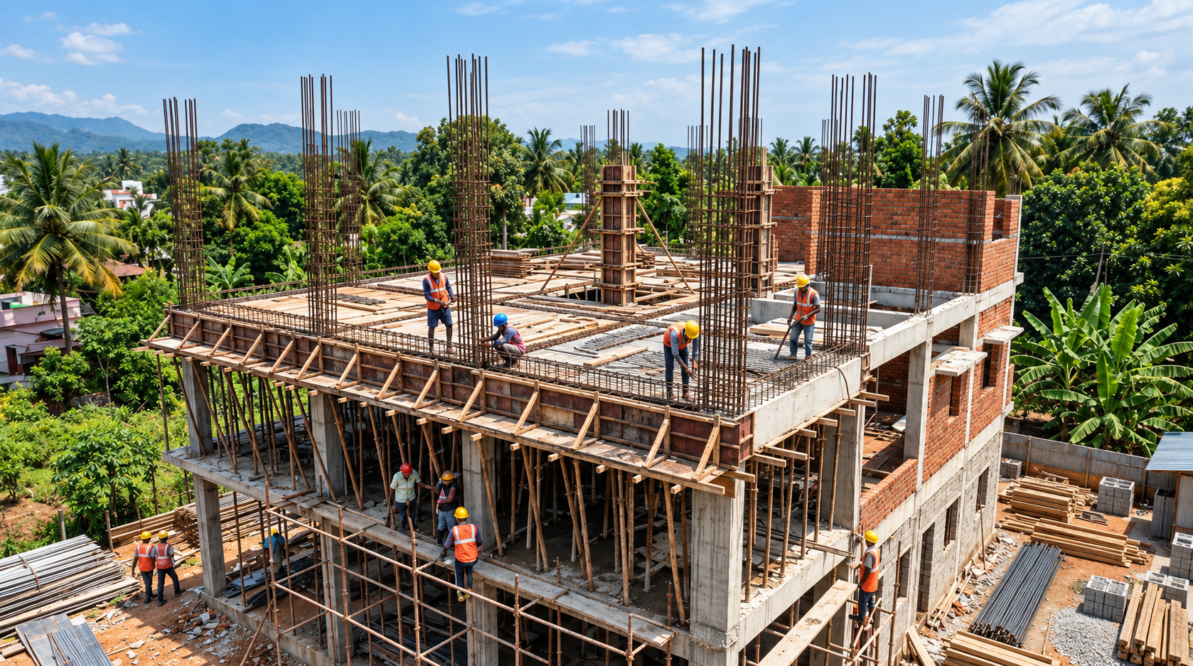 Building frame with scaffolding during construction