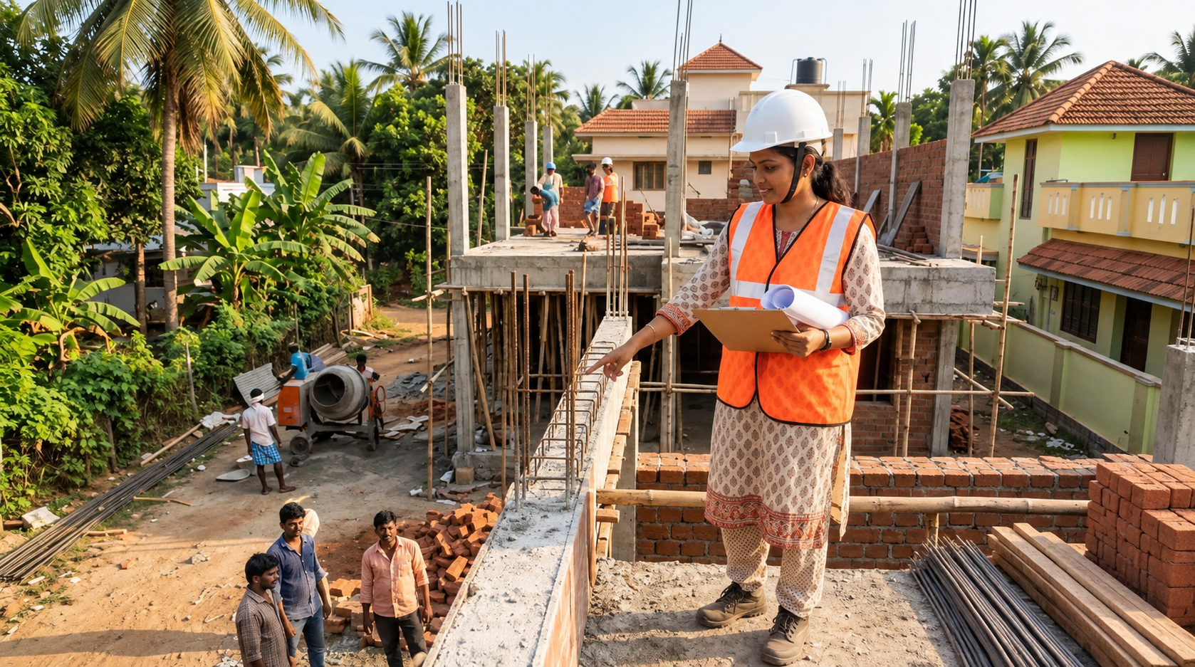 Contractor reviewing construction drawings on site