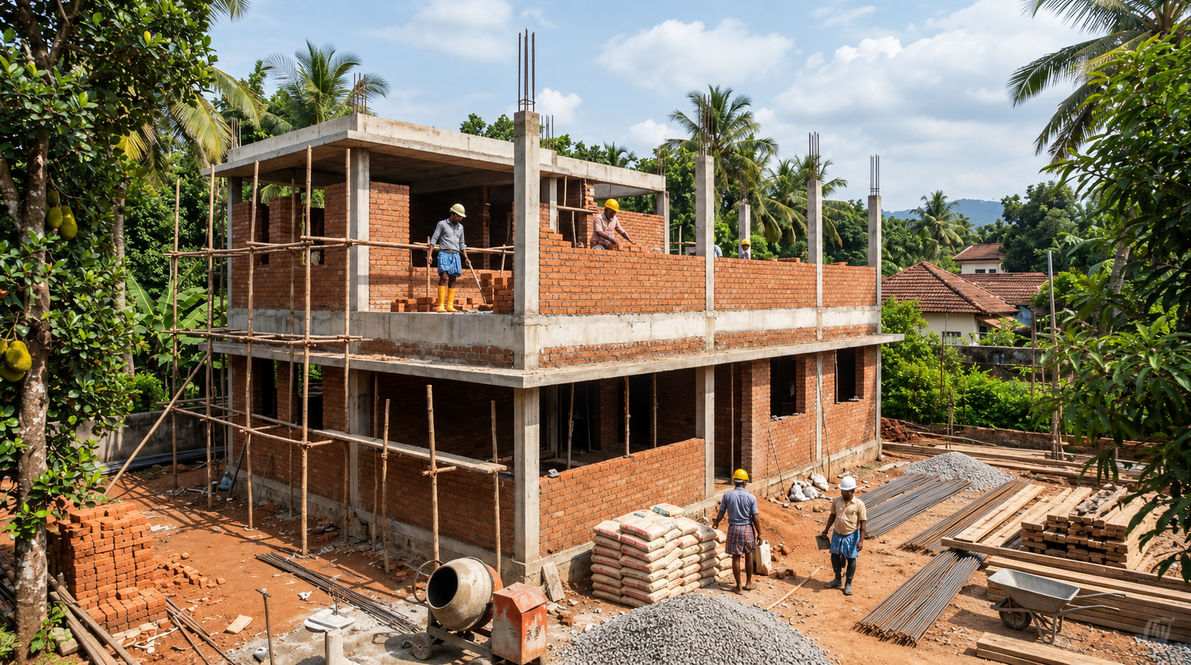 Site engineer pointing at building plans during construction
