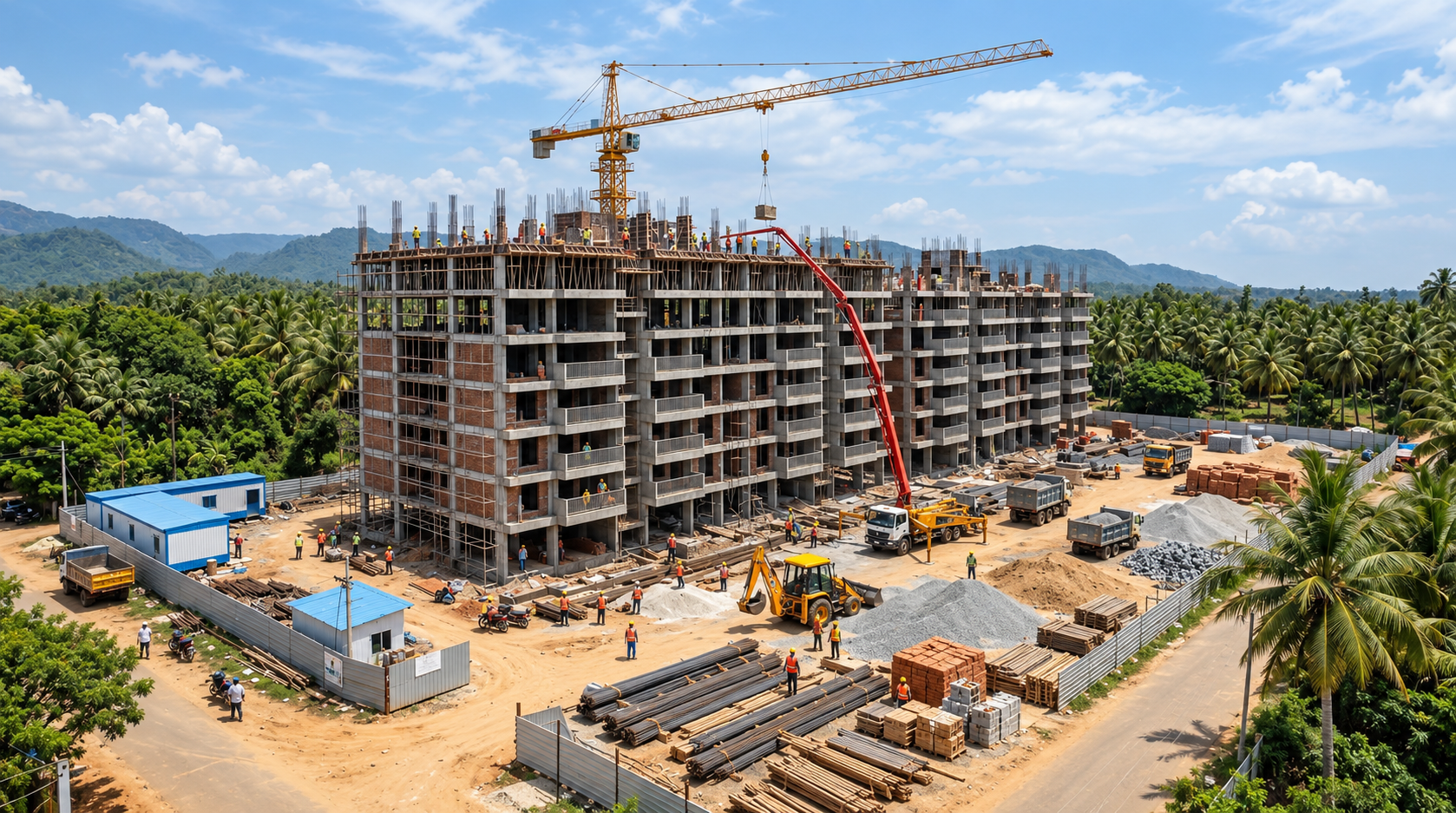 Concrete building frame with scaffolding under construction
